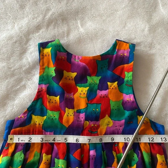 Vintage 90s handmade 100% cotton colorful rainbow cat print girl’s dress jumper - Picture 9 of 15